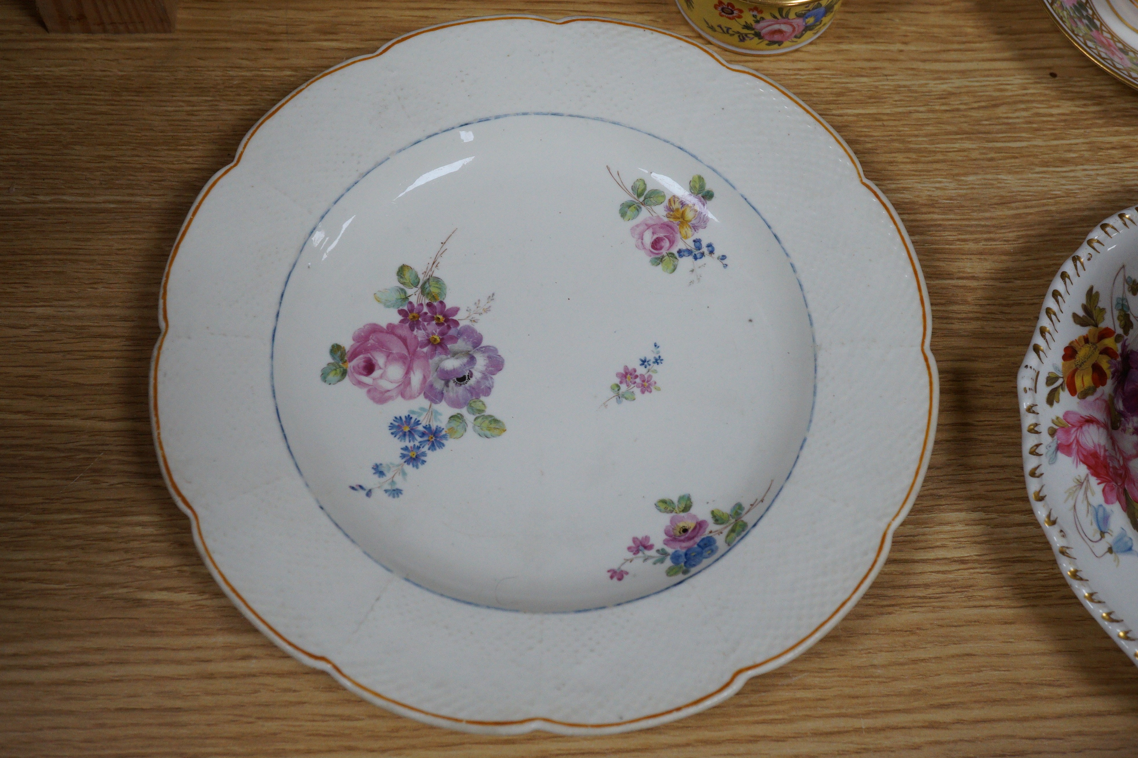 A Sampson Hancock Derby inkwell and cover, a similar coffee can, saucer and slop bowl, chantilly plate with basket-work border and four other items